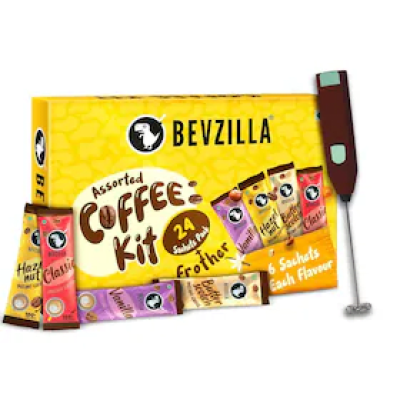 Bevzilla 24 Coffee Sachets &amp;amp; Frother (24 X 2 Gram Sachets) | 6 Pouches Each Flavour | Café coffee Kit |Hazelnut, Classic, Vanilla &amp;amp; Butterscotch |  Arabica Beans|Enjoy Hot &amp;amp; Cold